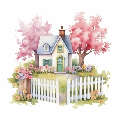 clipart, isolated on white background, beautiful cute Watercolor Spring Cottage - cute little house with fence and chimney, tree and flowers, ornated, pastel colors