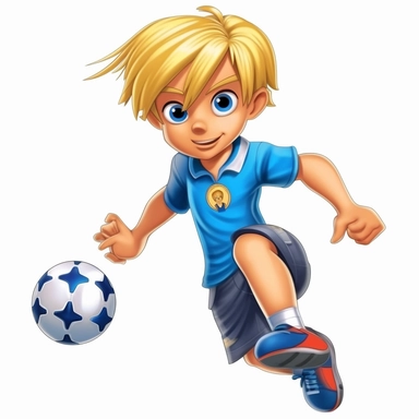 a 7 year old blond boy as a soccer star with long fringe haircut long fringe, as a soccer star, full body, blue eyes, blue eyes, comic style clipart like paw patrol