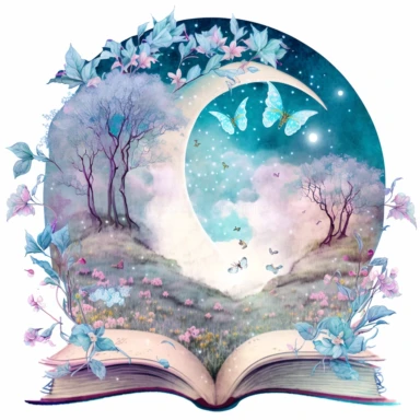 fantasy scene coming out of an open book, moon fairies stars, florals, magical, watercolors, Clipart, pastel blue color theme