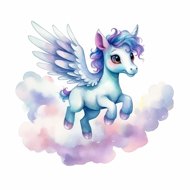 cartoon Unicorn Pegasus Soaring through Clouds, Big Eyes, cartoon, watercolor, professional clipart, white background, neat, clean