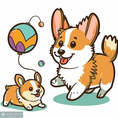 a cute cartoonish clipart of a mommy corgi playing with her baby, by Kasia Rogowska, with a white background and a bright and colorful color palette. The mommy corgi is teaching her baby how to play fetch with a ball, and the baby corgi is bouncing happily after the ball. The clipart has a dynamic and energetic style, with lively lines and fun patterns that make it really pop.