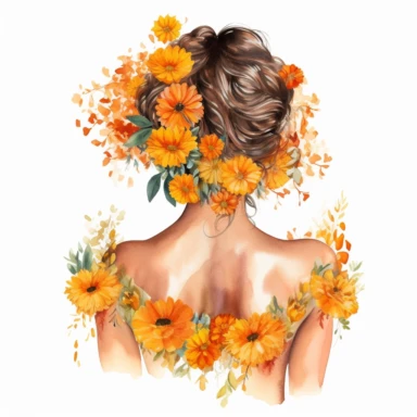 watercolor A woman's face, full body, back view White fabric leaves flowers Marigolds decorate hair, wedding dress with flowers Marigolds and leaves adorning her hair. hair up with flowers Marigolds vividly bold designs png Full body realistic cartoon in 32K UHD cute. 15 cm thick outline. . There was no shadow on the ground. 8k with realistic watercolors. and detailed illustrations. PNG clipart, transparent white background