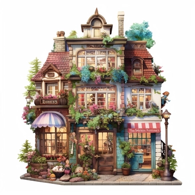 a very cute toy shop with lots of toys , clipart, exterior view, cozy, flowers, luminious, dramatic lighting, super detailed, daytime, Thomas Kinkade style, watercolor, 8k, on isolated white background
