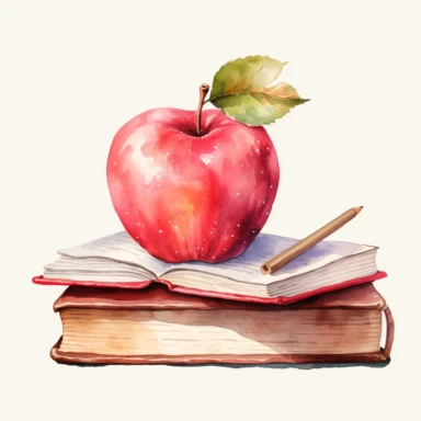 Back to school Watercolor Clipart, A of open book and apple, pink themed , single object, highly detailed, hand drawn watercolor illustration ,png transparent background, white background for removing background - - no text shadow font watermark