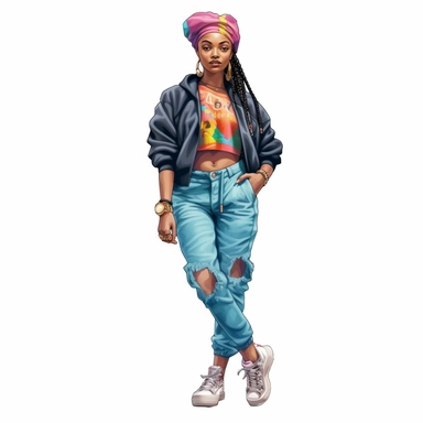 black, African American girl wearing colorful 1990’s style urban streetwear clipart, watercolor style, hyper realistic, detailed, white background