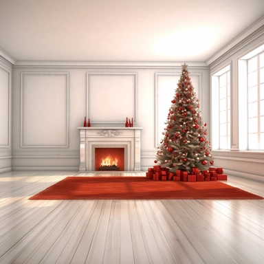 Room fireplace, Christmas tree, red carpet, realistic ， White background ， Clip Art Style ，