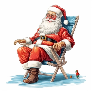 Retro Beautiful Happy Face santa claus sitting on a beach chair full body Sublimation Clipart ,Cartoon,hyper realistic, intricate detail, illustration style,high solution,on the white background