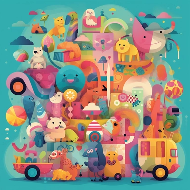A colorful and playful scene featuring a variety of clipart images arranged in a fun and creative way. Think cartoon characters, animals, and objects arranged in a visually appealing manner, with a bold and eye-catching color scheme