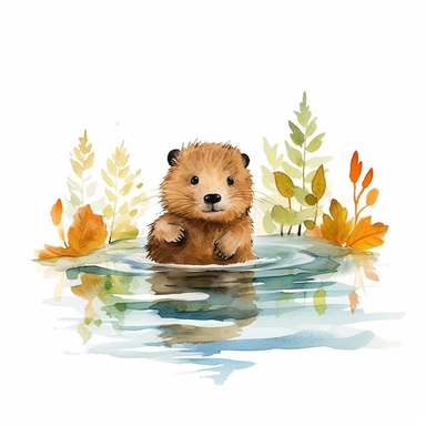woodland animal cute baby beaver swimming in pond watercolor clipart detailed