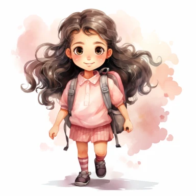 Back to school Watercolor Clipart, A cute happy school girl with backpack, full body, pink themed , single object, highly detailed, hand drawn watercolor illustration ,png transparent background, white background for removing background - - no text shadow font watermark