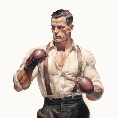 A beautifully illustrated victorian pulp fiction male fighter in varying hues ,wearing boxing gloves and muscular, muscles, octane render, hyperrealistic, stunningly handsome, simple details, refined and sophisticated, Hand drawn, roberto ferri ,realistic watercolor, Clipart, watercolor, white background, intricate detail