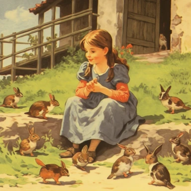 little village girl, sitting,talking to bunnies and birds, daytime,clipart,9:16