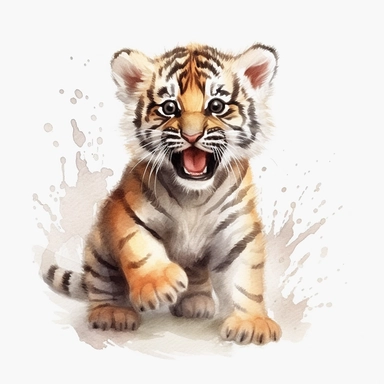 Clipart of baby tiger, tiger cub roaring, full body of tiger cub, watercolor painting, white background, featured on pixiv, computer art, watercolor, digital illustration, detailed painting, realistic