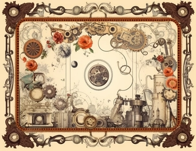 blank ephemera paper page with ornate border illustrations vintage steampunk era elements, trains pencil sketch , greeting card design, old botanical books style drawing, vintage, distressed textures, muted colors, craft paper texture, handwriting lines in background, pen and ink on paper with watercolor washes Watercolor, vector, white background, rice paper texture, clipart, flat illustration, outlined , Vector, 4K, Art station, digital print, highly detailed clean, detailed illustration, 3D v
