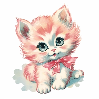 vintage Hand painted clipart of a pastel kitten with long eyelashes and rosy cheeks, playful and animated, in the style of vintage nursery kitsch Lefton, retro midcentury 1950’s, white background, contour