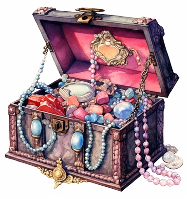 realistic watercolor clipart, an antique victorian jewelry chest with pearls and assorted gems, marie antoinette-inspired, in the style of hyper-detailed illustrations, nintencore, kushan empire, symbolist mystery, d&d, packed with hidden details, light red and dark azure, most beautiful artwork in the world, realistic, clear lines, no background