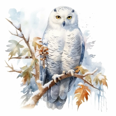 Generate a watercolor-style clipart that captures the scene of a Snowy Owl perched on a frost-covered branch, surrounded by softly falling snowflakes. The cold, winter backdrop should contrast beautifully with the warmth in the owl's golden eyes.