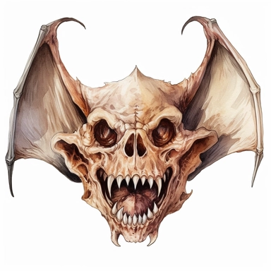 scary face of a bat skull demon looking head on, watercolor, ultra high-detail, dark outlines, white background, clipart,