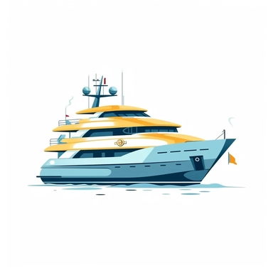 Simple Vector Clipart of a large expensive yacht out in the ocean, with a small satellite on the back of it, on a white background, simplistic, vector, clean