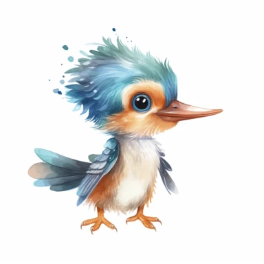 a playful baby kingfisher with kind eyes clipart with watercolor illustration,full body shot,8k,etsy style, white background