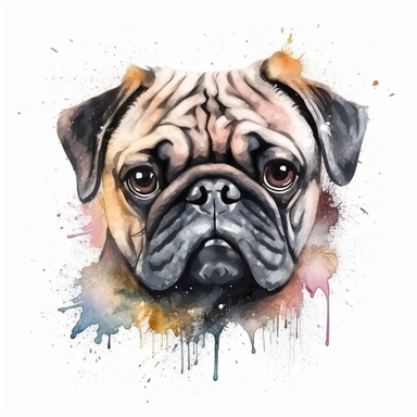 pug in the style of head alone detailed, cartoon style, 2d watercolor clipart vector, creative and imaginative, hd, white background