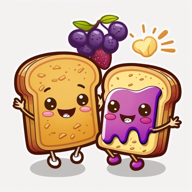 cute, kawaii, bread slice with peanut butter, bread slice with purple grape jelly, happy, with arms and legs, two characters, same size, cartoon, clipart