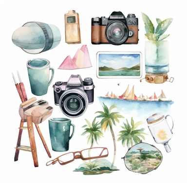 Watercolor Travel clipart, Summer Holiday, Vacation clipart, Tourism clipart, Planner clipart, Adventure clipart, PNG, Airplane Camera Globe