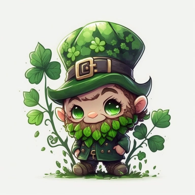 cute good mood dwarf smile wearing a green top hat St Patrick Day, clovers background, illustration, watercolor, chibi, 2d, icon, clipart, white background