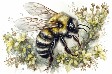 Aquarelle Bumble Bee Clipart on thyme flower, detailed painting, white background, single design, isolated white background, 8k, spaced out