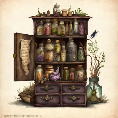 Watercolour Witches Apothecary Cabinet, farytale, witchcraft, drawers, Clipart