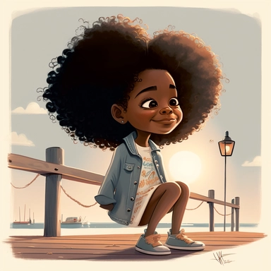pixar illustration of Harper sitting down at a dock in Sag Harbor town , An illustration of fiver year old light skin happy black girl with curly afro, siiting at the dock in sag harbor ,sittin looking out onto the harbor , whale wacthing ,from the community's stunning Sunset Beach, east hampton , summer vaction, beach town , summer days , muted tones , shy warm heart , pixar , hyper detailed , smooth skin realistic animated — Happy Black Girl Smiling art,black girlsclipart, Funny black girl , C