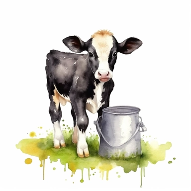 realistic watercolor baby cow standing on a green grass with milk buckets in a farm barn background, on solid white background, clipart