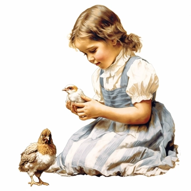 victorian vintage adorable little girl feeding chicken, full body, pastel beige colors, clipart style, accurate details, oil painting technique, super high quality, professional watercolor clipart, high resolution