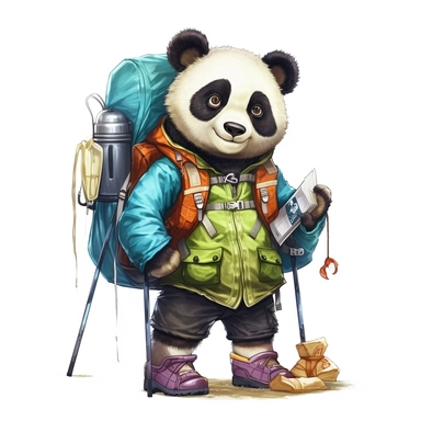 cute Panda character wearing camping clothes and camping gear with happy face,front facing on isolated background,with happy face and expression,Animal Sublimation Clipart,no splash watercolor,white background, ultra detailed clipart, cut out image, colorful watercolor realistic, cartoon style, ultra HD, sharp and clean art