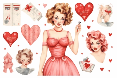 1950s Pin up girl valentines day watercolor clipart