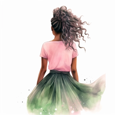 Black woman long curly braided hair, backview, pink shirt, green long tulle tutu skirt, detailed soft illustration, watercolor clipart , water color background