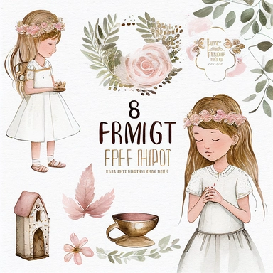 6 cliparts with girls first communion props, soft colors boho minimalism, hight resolution watercolor hand painted