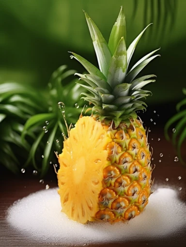 pineapple, fresh, juice splash, delicious temptation, green leaves, table background, food photography, canon camera, 8K, close up