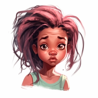 cute little american black girl, messy long pink modern hair, green eyes, face, portrait, different expressions, clipart, high resolution, white background, sarah kay style,
