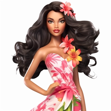 Beautiful pretty barbie doll hawaiian style, dark hair, paint art style, detail, clipart, white background, superrealistic, one of a kind