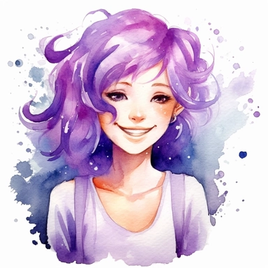 watercolour clipart of a girl with purple hair , she is the catalyst for her group shared common dreams, binding the girls together. She is direct, occasionally sharp-tongued, and highly empathetic. With a heart full of compassion, she never hesitates to lend a helping hand to anyone in need. She`s dedication to their craft is unparalleled, make her smiling, exalted mood, white background, 8k, f1