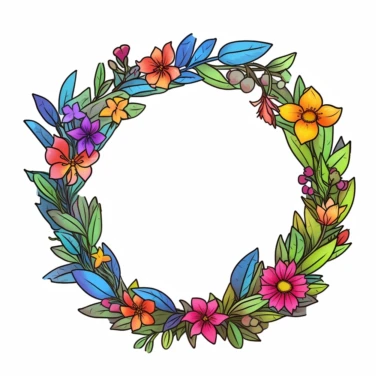 Cartoon, clipart, a laurel wreath, with various color flowers in the wreath