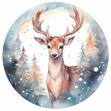 watercolor clipart of a cute reindeer, sparkles, cosy winter wonderland vibes, isolated on white background