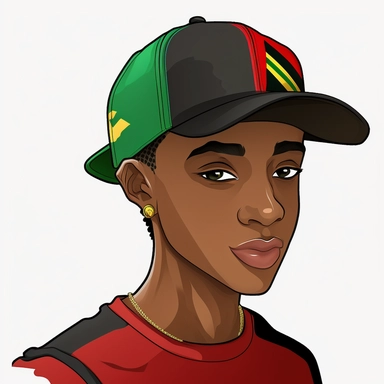 clipart, high-resolution, cartoon black handsome young man, strong, proud, joyful, wearing 3 panel baseball cap, red panel, green panel, gold panel, transparent background