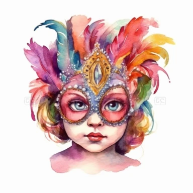 cute baby girl wearring carnival mask, mardi gras, kaluta art style pen and ink watercolor clipart,isolated on white background