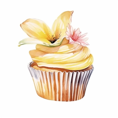 Design a clipart image of an banana cupcake in a watercolor style, with banana decoration and a topping. You can also add some colorful candy or chocolate chips to make it more attractive. You can add white flowers and green leaves to the design.