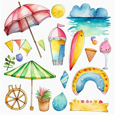Please create a series of watercolor and pencil drawing clipart illustrations featuring different items related to summer. Each illustration should be drawn in a charming and playful style that captures the beauty and vibrancy of the season. Items to include can be beach umbrellas, flip flops, sunglasses, ice cream cones, sandcastles, and seashells. Please use a combination of watercolor and pencil drawing techniques to create a unique and artistic look. Additionally, please incorporate some gol