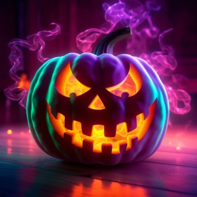 clipart, A grinning neon-colored Jack-o'-lantern with glowing eyes and a mischievous expression. The pumpkin should be surrounded by swirling neon-colored fog or smoke to add an eerie atmosphere. Camera setup: Close-up shot with a shallow depth of field to focus on the details of the Jack-o'-lantern's face. Use colored gels or lighting effects to create the neon glow