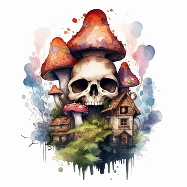 centralized clipart of a evil skull mushroom fae houses in the style of enchanting watercolors, emotive storytelling, multilayered dimensions, deathcore, illusionistic images white background