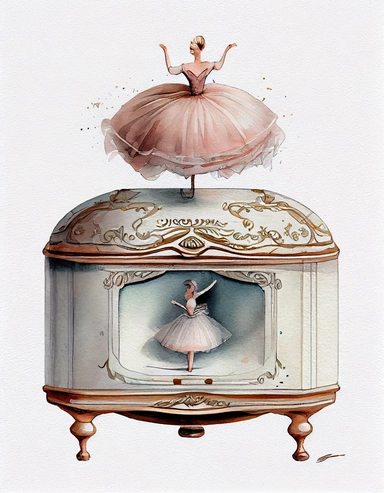 detailed watercolor victorian vintage music box with ballerina on top, realistic, isolated on white backgorund, clipart